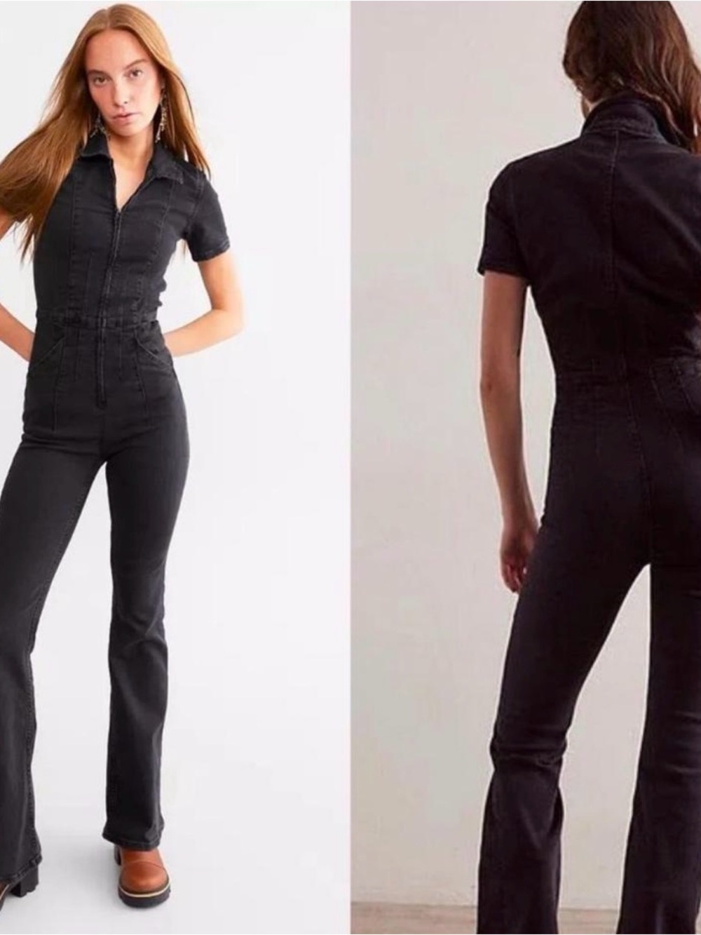 Free People Black Short-Sleeve Zip Jumpsuit
